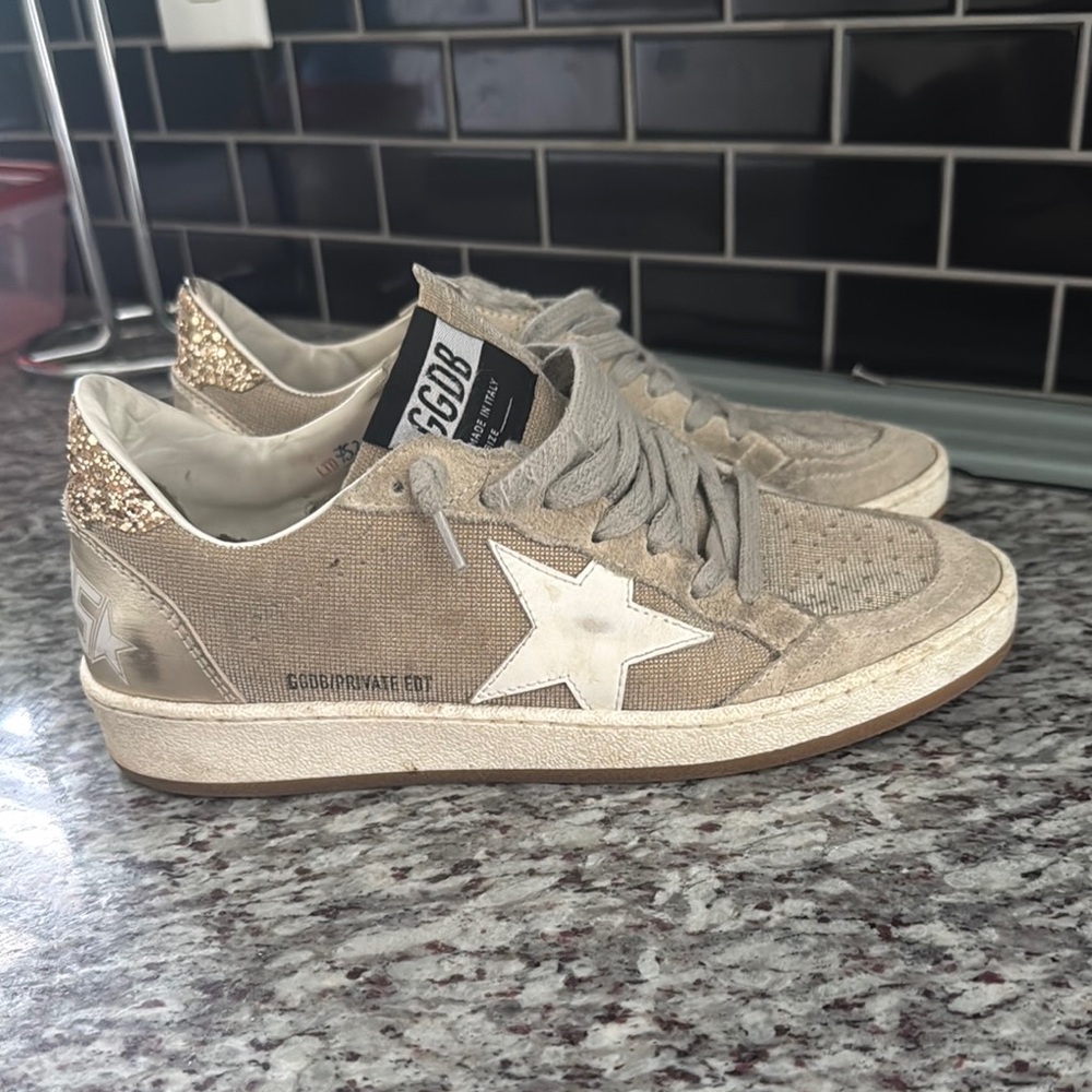 Golden Goose Tan Sneakers with Glittering Gold Details